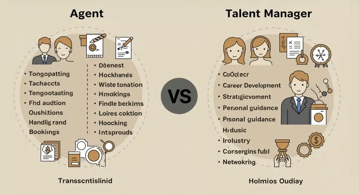 Infographic comparing the distinct roles of a talent agent and a talent manager in the entertainment industry.