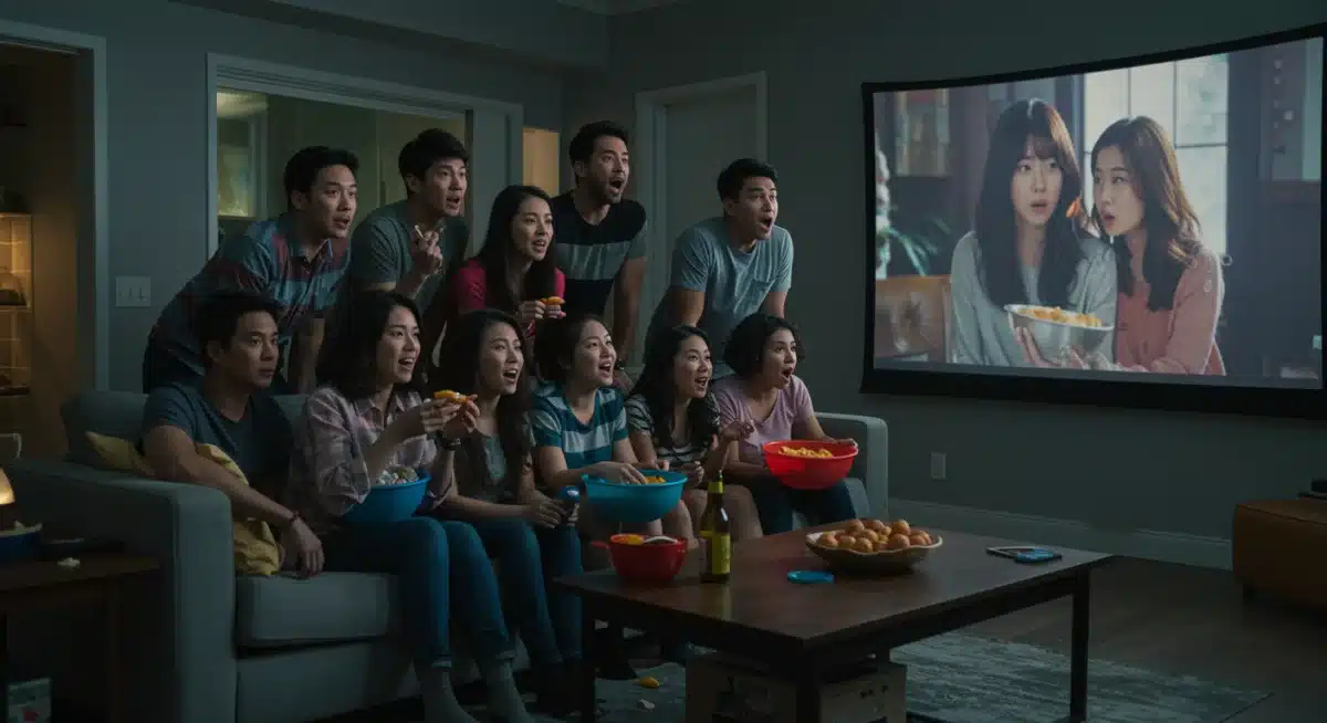 Diverse American audience engrossed in watching a K-drama on a television screen in a modern living room setting.