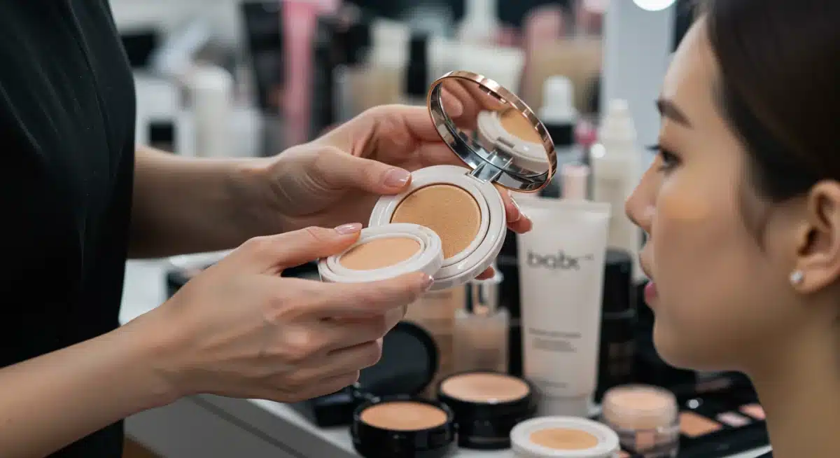 Makeup artist applying cushion foundation for a flawless K-Drama skin look