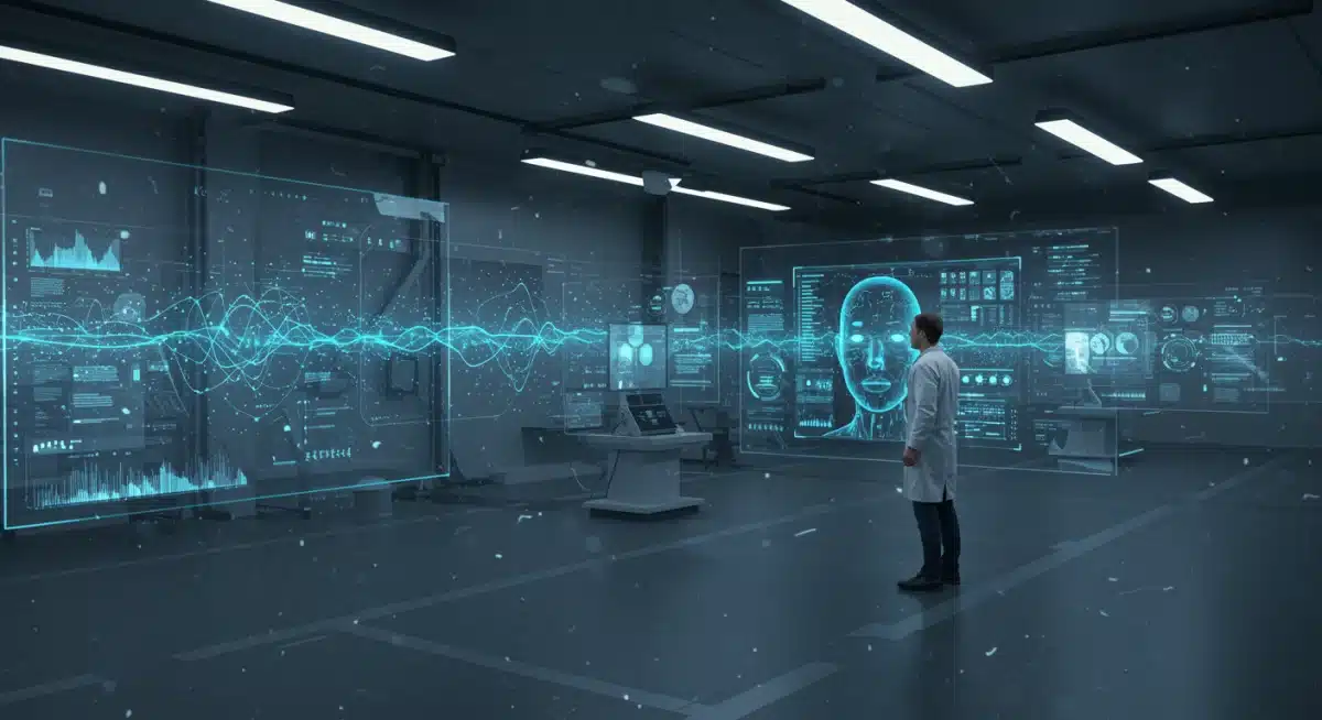 Scientist interacting with advanced AI in a futuristic lab, representing ethical AI narratives in K-dramas.