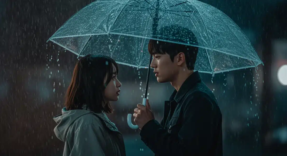 A couple under an umbrella in the rain, illustrating a fated encounter in a K-drama melodrama.