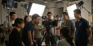 Film students collaborating on set with K-Drama production in mind
