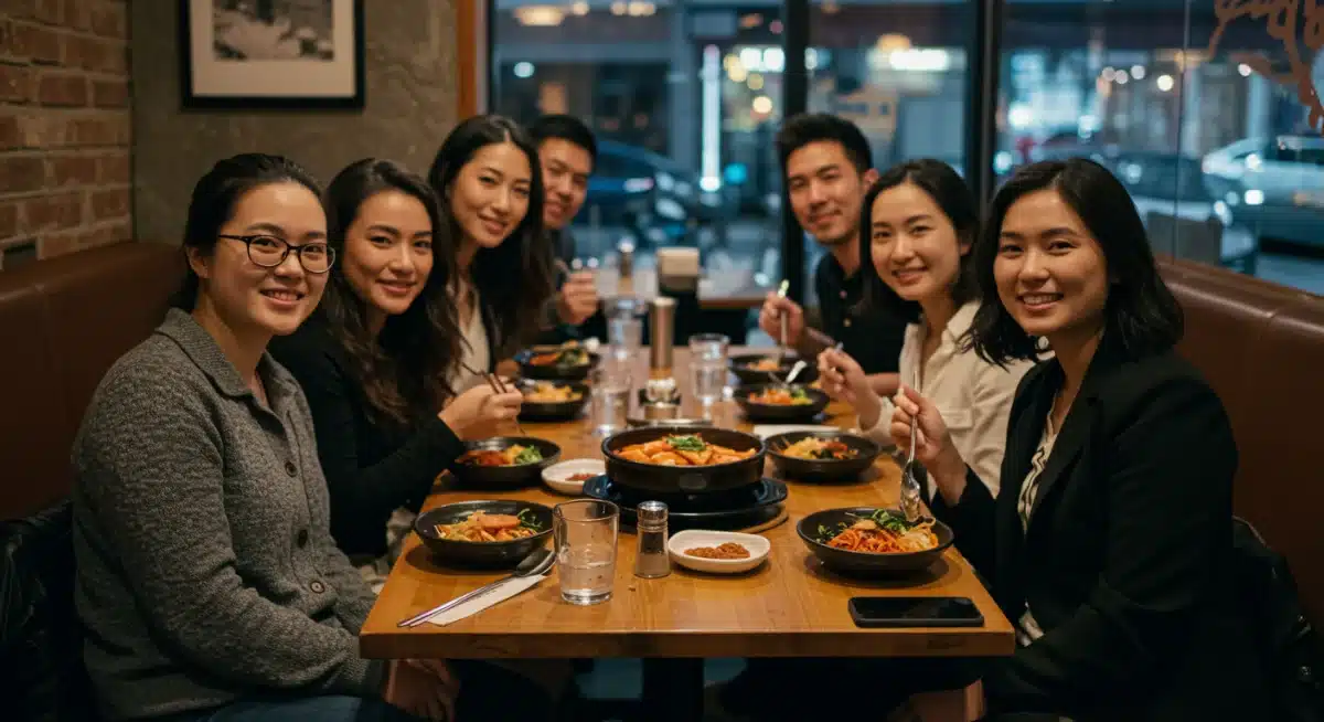 Friends enjoying tteokbokki and bibimbap in a trendy US Korean restaurant.