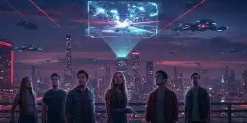 Futuristic cityscape with holographic projections and diverse characters, symbolizing sci-fi K-drama trends.