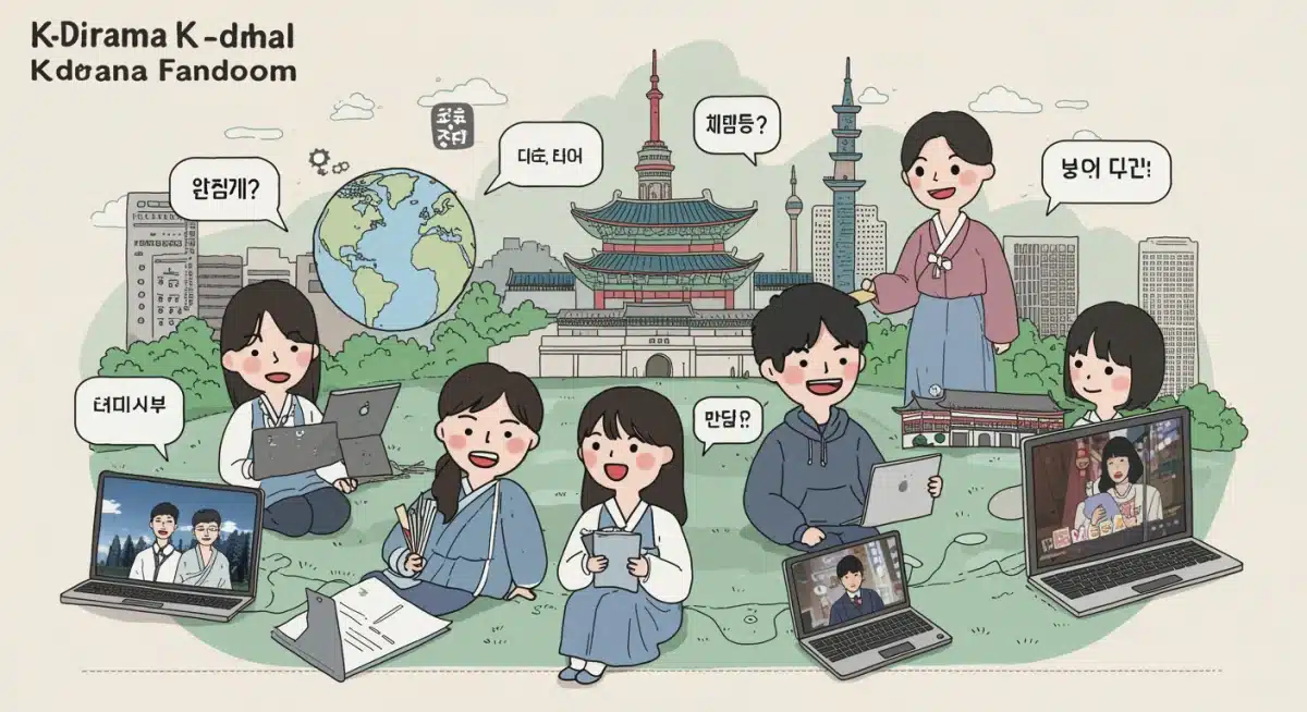 Global K-drama fandom illustrated, showing diverse viewers connecting over shared series, symbolizing the immense cultural reach and community building.