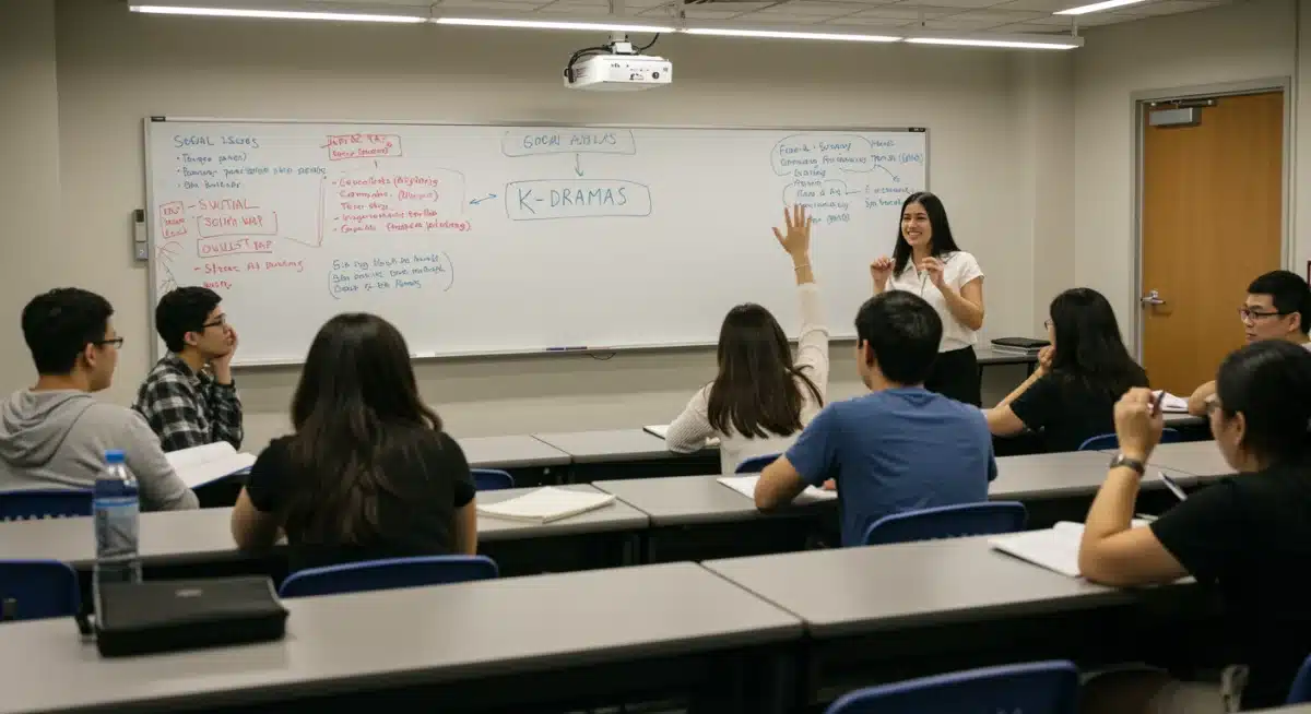 University students discussing K-dramas and their social themes in a classroom setting.