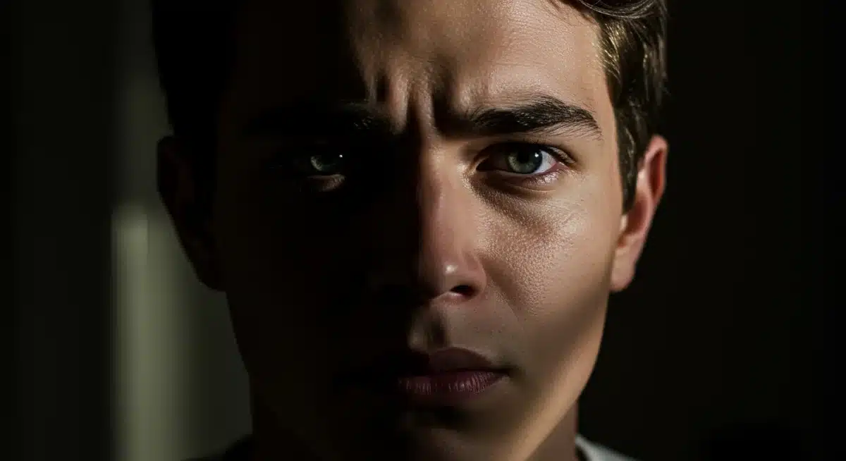 Intense close-up of a K-drama actor's face, conveying deep suspense and emotional turmoil