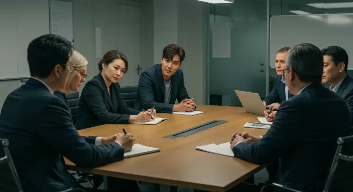 K-drama actor in strategic meeting with US entertainment executives, discussing market entry plans.