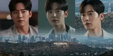 Dynamic visual of K-drama actors moving from Seoul skyline to Hollywood, symbolizing their strategic US market entry by 2025.