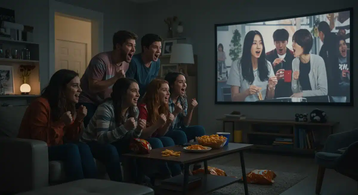 Young Americans enthusiastically watching a K-drama, surrounded by snacks and K-pop memorabilia, reflecting shared cultural experience.