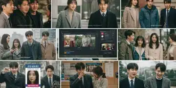 Vibrant collage of popular K-drama scenes, digital interface for efficient viewing.