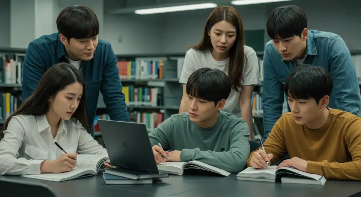 K-drama actors portraying students studying in a university library, reflecting campus life narratives.