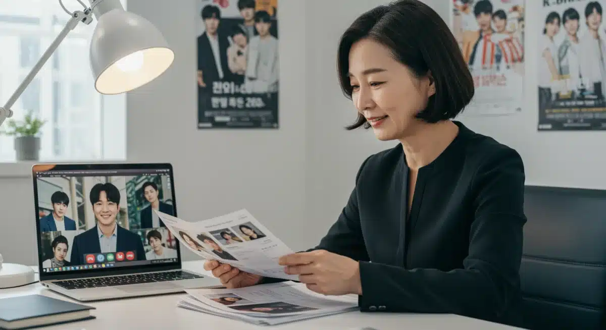 Casting director reviewing diverse actor headshots for K-drama roles