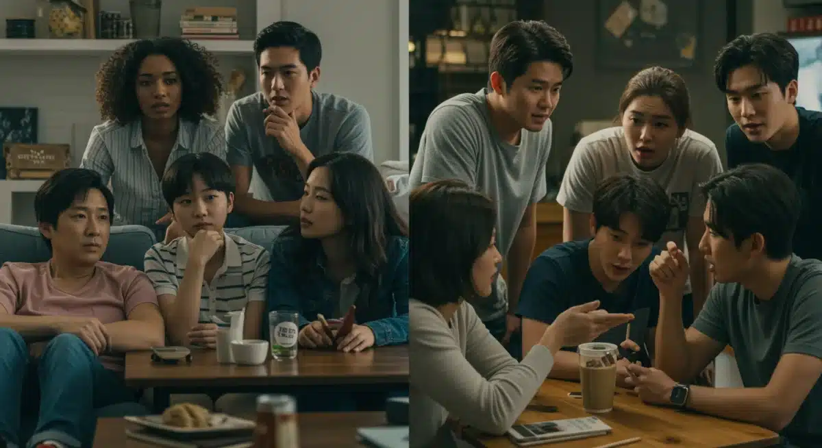American families and friends engaging with K-dramas, showing community and shared cultural experience.