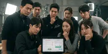 K-Drama crew members reviewing US tax documents on a film set
