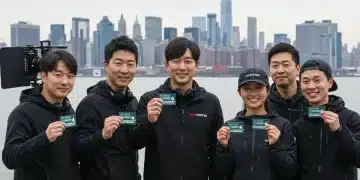 K-Drama production crew members with US visas and New York City skyline