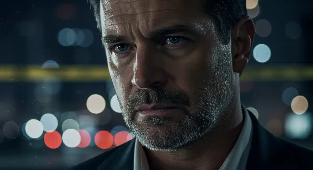 Intense K-Drama detective's gaze amidst blurred city lights, focused on a mystery.