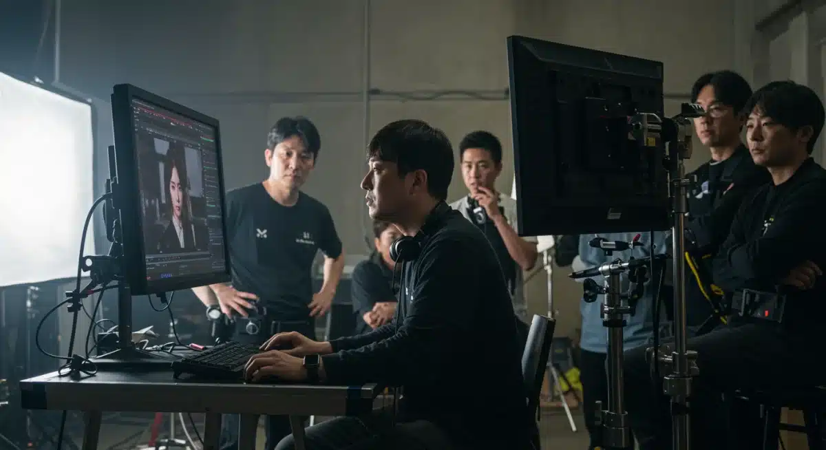 K-Drama director reviewing footage with production team on set.