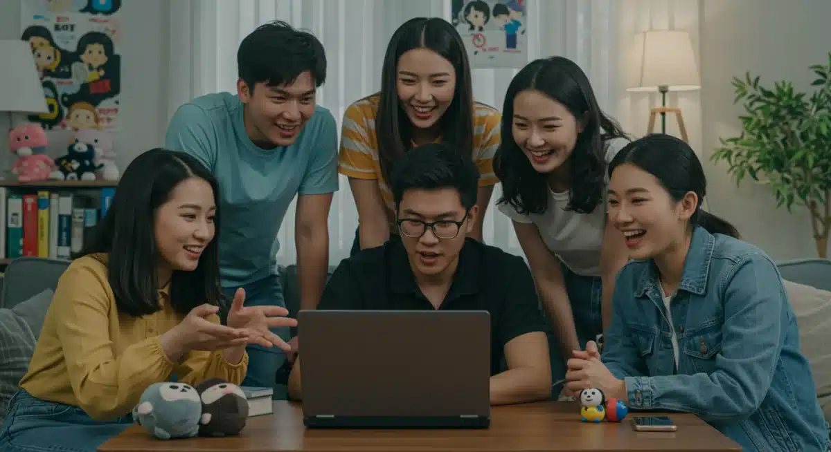 Diverse group of young adults enthusiastically discussing a K-drama episode together