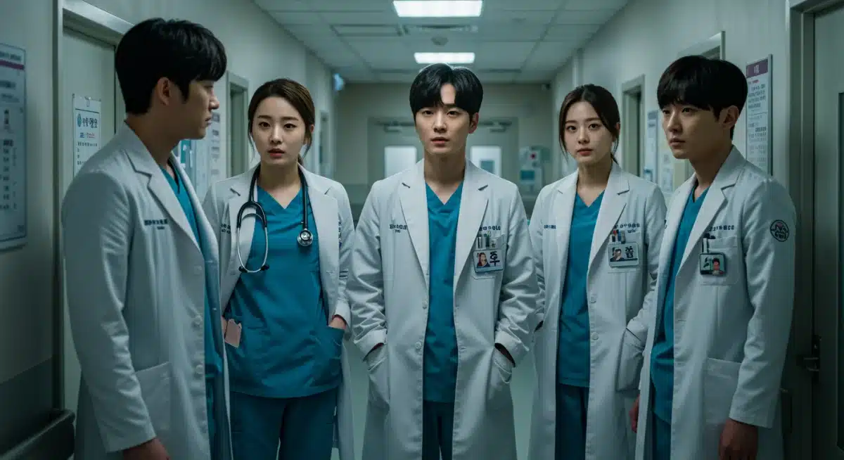 Young K-Drama doctors discussing a case in a modern hospital hallway.