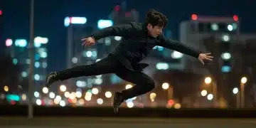 Dynamic K-drama action scene with protagonist executing a mid-air martial arts kick against a blurred urban background.