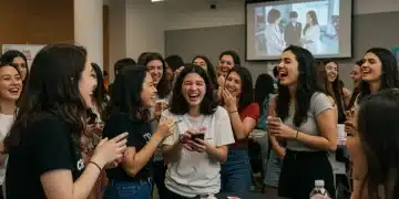 Diverse K-drama fans at a US community gathering, smiling and sharing their passion for Korean dramas.