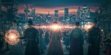 Dynamic K-Drama fantasy scene blending traditional Korean aesthetics with futuristic elements and magic.