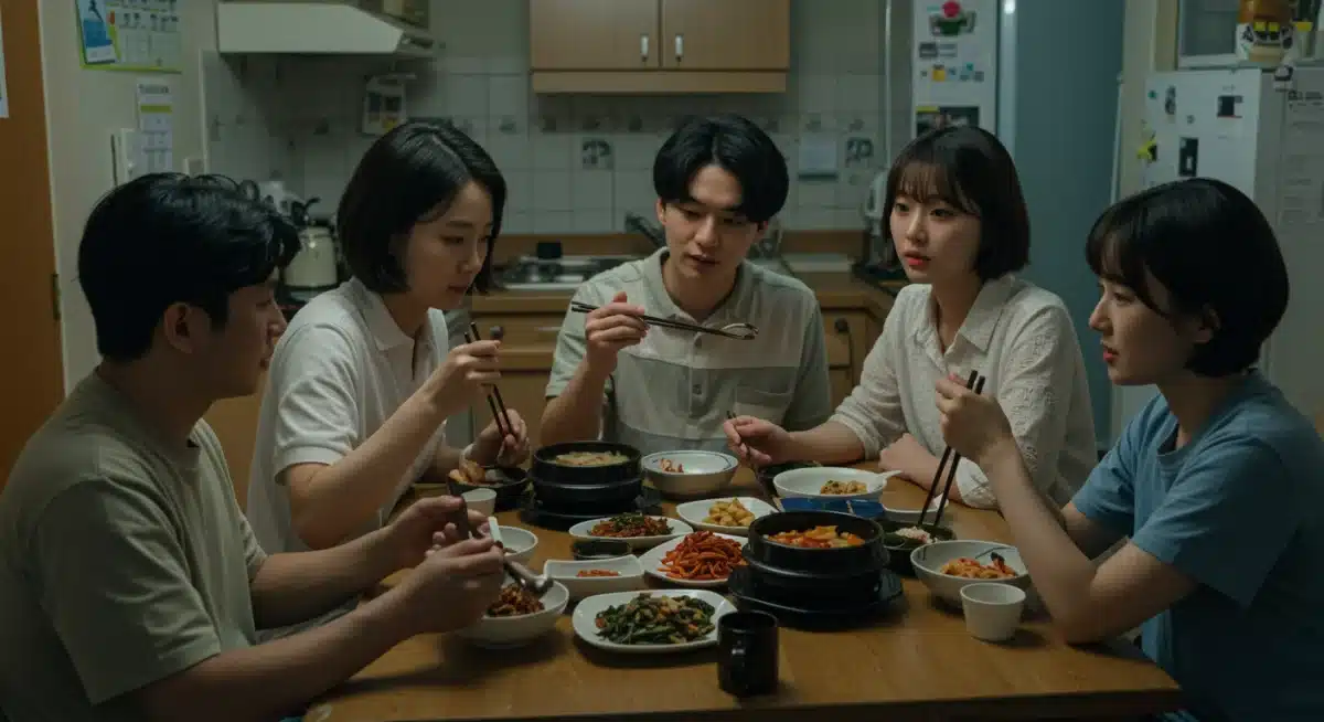 Friends sharing a meal in a kitchen, representing community in K-dramas.