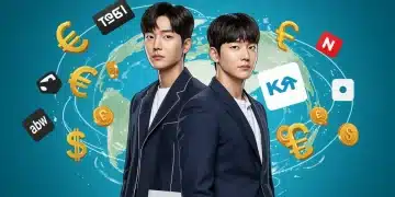 Two K-drama stars against a global backdrop, symbolizing record international viewership and financial success in early 2025.