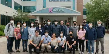 K-Drama actors and crew with US hospital in background, symbolizing health insurance needs