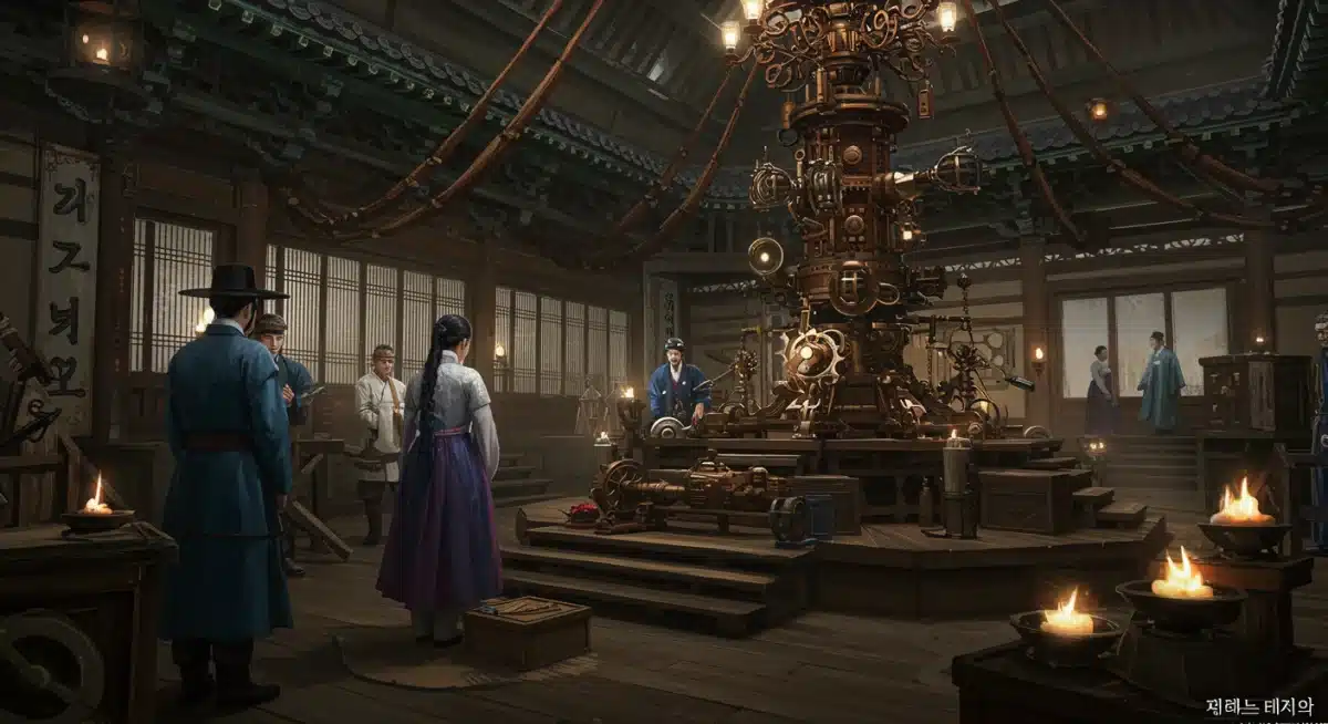 Concept art of a historical steampunk K-Drama scene, blending traditional Korean aesthetics with advanced mechanical elements, showcasing a niche genre.