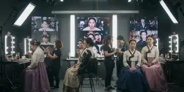 Diverse makeup artists applying K-Drama inspired looks in a modern US studio