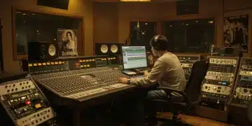 K-Drama music director working in a US recording studio in 2025, surrounded by advanced audio equipment and screens displaying musical scores.