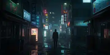 Rain-slicked Seoul street at night with a mysterious figure, embodying K-Drama noir aesthetics.