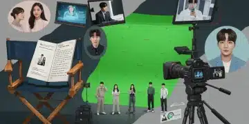 Dynamic K-drama production scene with modern camera and diverse cast.