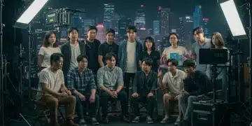 Diverse K-drama production team and US actors collaborating on set