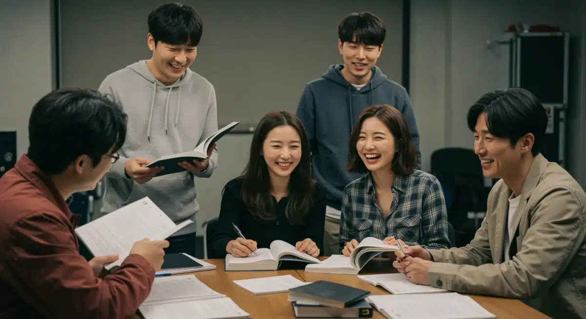 Actors engaged in a K-drama script reading, showcasing collaborative energy and early production stages.