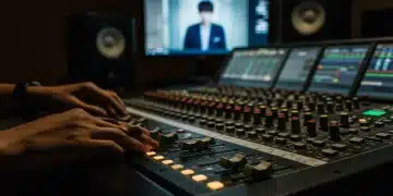 Sound engineer meticulously adjusting audio levels for a K-Drama scene on a mixing console, highlighting the intricate process of K-Drama sound design.
