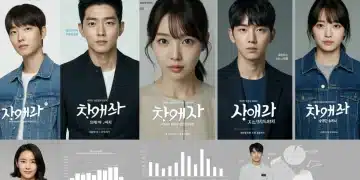 Five recent K-drama posters displayed on a screen with engagement metrics, symbolizing story pace analysis.