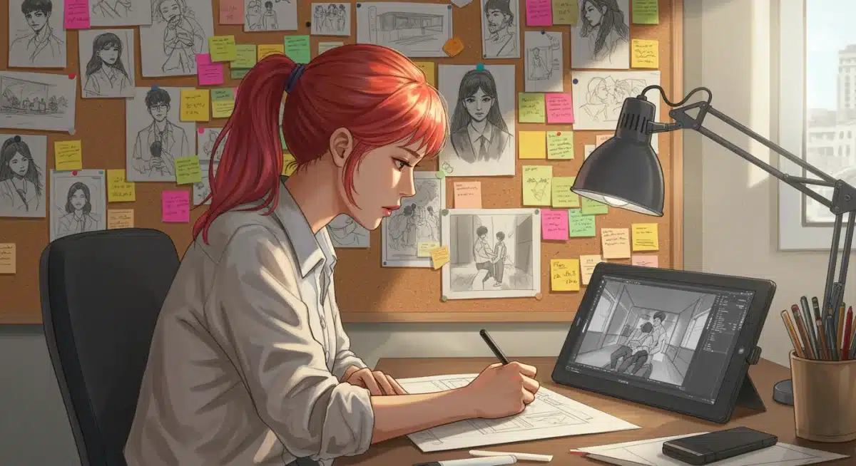 Storyboard artist sketching detailed scenes for a K-drama production