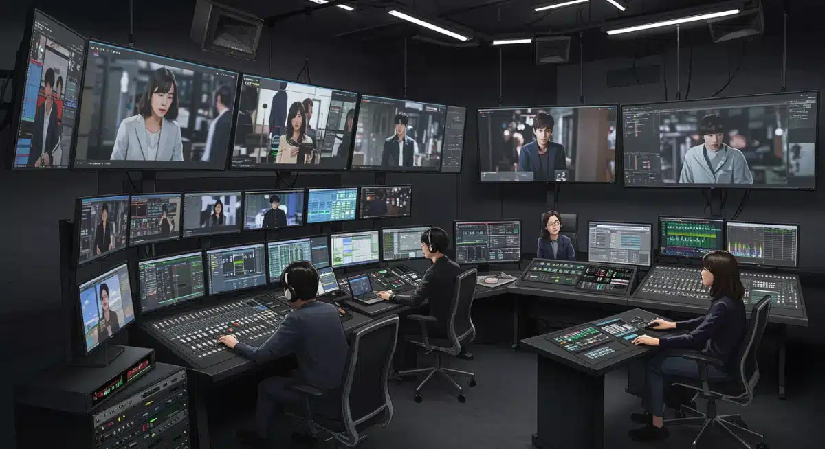 Advanced K-drama studio control room with production team.