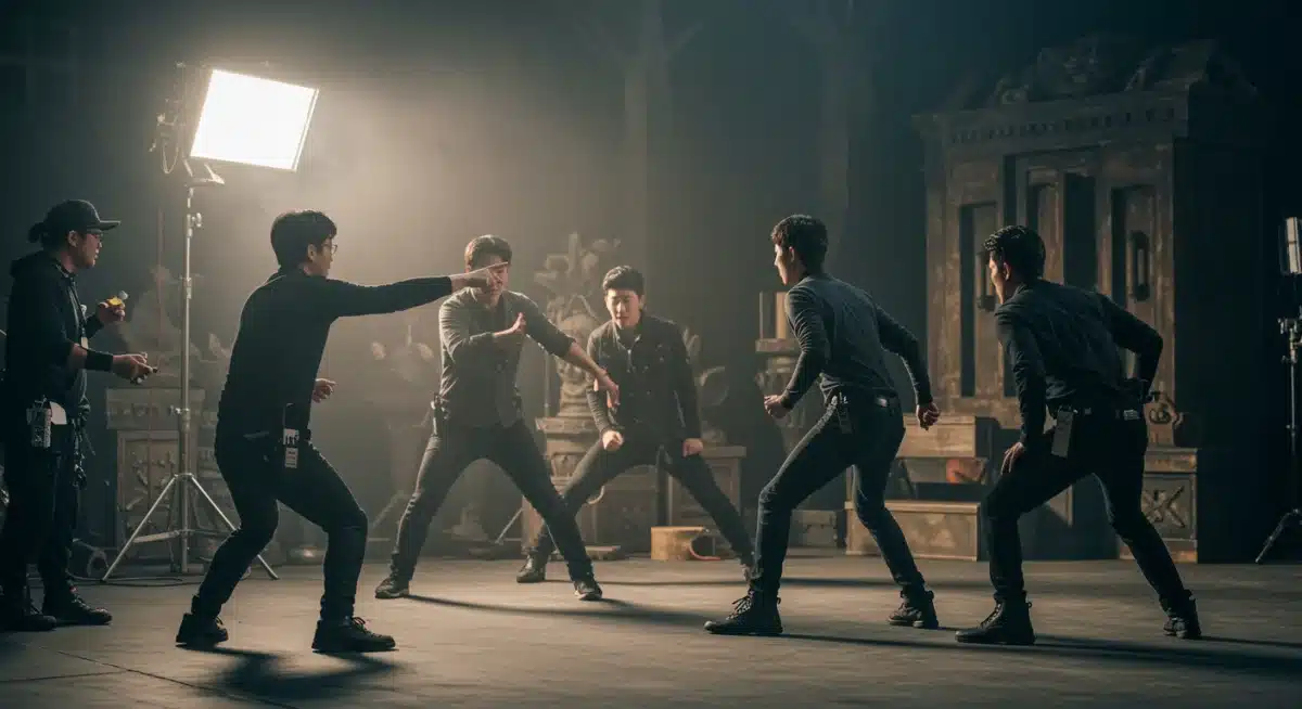 Behind-the-scenes K-drama stunt coordination, director guiding actors on a detailed set.