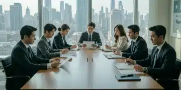 K-Drama talent and legal team negotiating contracts in a US office setting, symbolizing international entertainment deals.