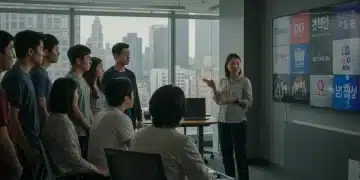 Aspiring K-drama actors discussing career representation with an agent in a modern US office.