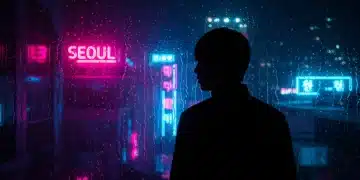 Dynamic shot of a mysterious figure in a neon-lit city, symbolizing modern K-drama thrillers