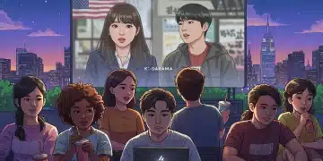 Diverse audience watching K-drama on screen, reflecting cultural impact in US cities
