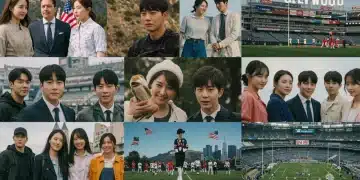 K-drama characters and scenes blended with iconic American pop culture landmarks, illustrating cultural fusion and increasing influence.