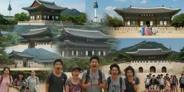 K-drama's influence on US tourism to South Korea by 2025, showing cultural landmarks and excited American travelers.