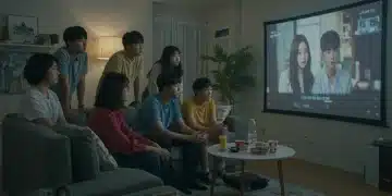 Young adults watching a K-drama on a screen, engaged and contemplative, reflecting cultural impact.