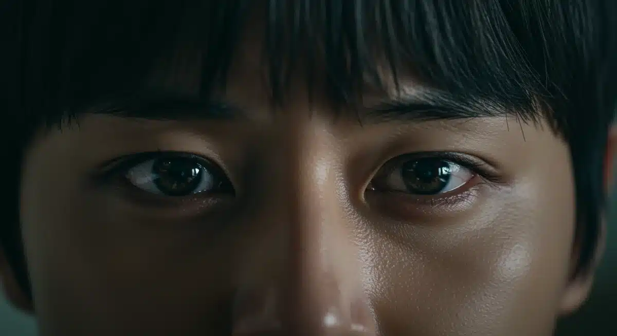 Intense close-up of a K-drama villain's eyes, revealing deep psychological conflict and motivation.